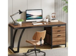 Mesa de Computador com 3 Gavetas, Mesa Industrial de PC Mesa de Estudo Mesa de Escritório Workstation com Armazenamento de Arquivos