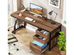 Mesa de Computador com 3 Gavetas, Mesa Industrial de PC Mesa de Estudo Mesa de Escritório Workstation com Armazenamento de Arquivos