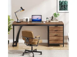 Mesa de Computador com 3 Gavetas, Mesa Industrial de PC Mesa de Estudo Mesa de Escritório Workstation com Armazenamento de Arquivos