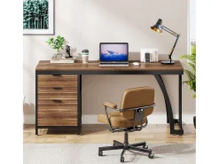 Mesa de Computador com 3 Gavetas, Mesa Industrial de PC Mesa de Estudo Mesa de Escritório Workstation com Armazenamento de Arquivos