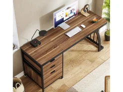 Mesa de Computador com 3 Gavetas, Mesa Industrial de PC Mesa de Estudo Mesa de Escritório Workstation com Armazenamento de Arquivos