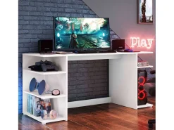 Mesa de computador de escritório Tow 5H, branca contemporânea, 3 prateleiras e torre