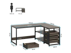 Mesa de computador em formato de L com gavetas de armazenamento, mesa de canto com prateleiras, mesa de escritório em formato de L reversível