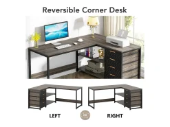 Mesa de computador em formato de L com gavetas de armazenamento, mesa de canto com prateleiras, mesa de escritório em formato de L reversível