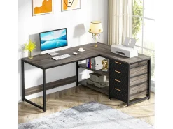 Mesa de computador em formato de L com gavetas de armazenamento, mesa de canto com prateleiras, mesa de escritório em formato de L reversível