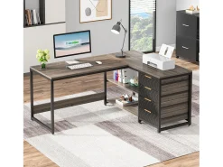 Mesa de computador em formato de L com gavetas de armazenamento, mesa de canto com prateleiras, mesa de escritório em formato de L reversível