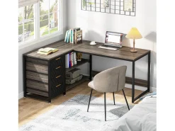 Mesa de computador em formato de L com gavetas de armazenamento, mesa de canto com prateleiras, mesa de escritório em formato de L reversível