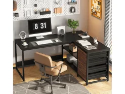 Mesa de Computador em Forma de L com Gavetas de Armazenamento, Mesa de Escritório em Forma de L Reversível