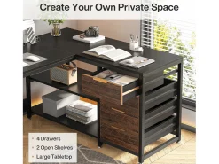 Mesa de Computador em Forma de L com Gavetas de Armazenamento, Mesa de Escritório em Forma de L Reversível
