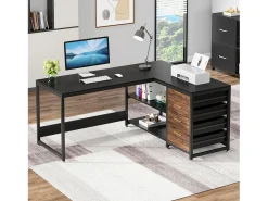 Mesa de Computador em Forma de L com Gavetas de Armazenamento, Mesa de Escritório em Forma de L Reversível