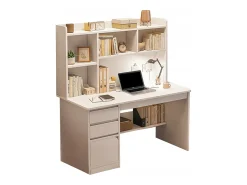 Mesa de computador para jovens branca com estante, prateleiras e gavetas