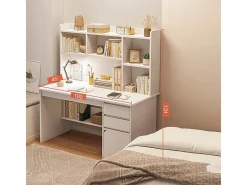 Mesa de computador para jovens branca com estante, prateleiras e gavetas