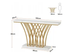 Mesa de Consola Dourada - 150 x 29,5 x 80 cm - Moderna - com Perna em Metal em Forma de Grade - para Entrada, Corredor, Hall de Entrada, Sala de Estar (Branco)