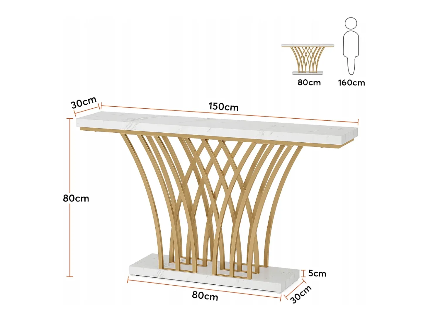Mesa de Consola Dourada - 150 x 29,5 x 80 cm - Moderna - com Perna em Metal em Forma de Grade - para Entrada, Corredor, Hall de Entrada, Sala de Estar (Branco)