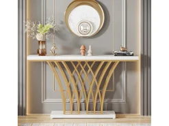 Mesa de Consola Dourada - 150 x 29,5 x 80 cm - Moderna - com Perna em Metal em Forma de Grade - para Entrada, Corredor, Hall de Entrada, Sala de Estar (Branco)