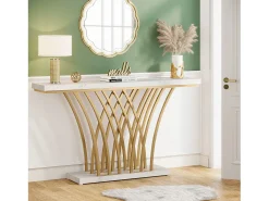Mesa de Consola Dourada - 150 x 29,5 x 80 cm - Moderna - com Perna em Metal em Forma de Grade - para Entrada, Corredor, Hall de Entrada, Sala de Estar (Branco)