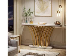 Mesa de Consola Dourada - 150 x 29,5 x 80 cm - Moderna - com Perna em Metal em Forma de Grade - para Entrada, Corredor, Hall de Entrada, Sala de Estar (Branco)