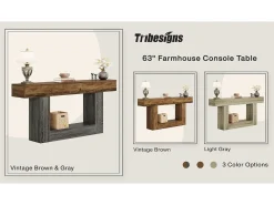 Mesa de Console 160cm, Mesa de Entrada de 2 Andares Rural, Mesa de Sofá, Mesa atrás do Sofá, Cinza