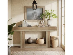 Mesa de Console 160cm, Mesa de Entrada de 2 Andares Rural, Mesa de Sofá, Mesa atrás do Sofá, Cinza