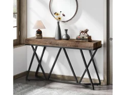 Mesa de Console de 140 cm, Mesa de entrada em madeira com base em metal única, Mesa baixa, Mesa de lareira