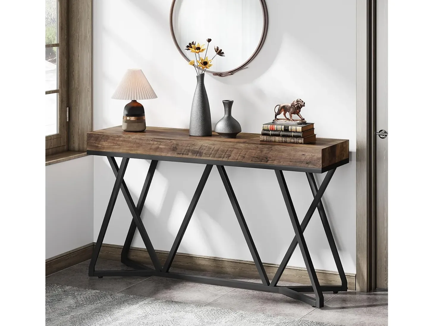 Mesa de Console de 140 cm, Mesa de entrada em madeira com base em metal única, Mesa baixa, Mesa de lareira