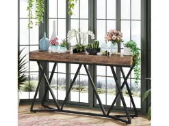 Mesa de Console de 140 cm, Mesa de entrada em madeira com base em metal única, Mesa baixa, Mesa de lareira