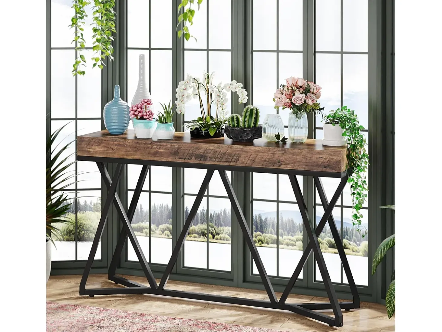 Mesa de Console de 140 cm, Mesa de entrada em madeira com base em metal única, Mesa baixa, Mesa de lareira