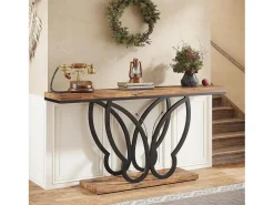 Mesa de console de 140 cm, Mesa de entrada com moldura em metal em formato de borboleta, Mesa de sofá, Mesas auxiliares longas e estreitas, Marrom e Preto