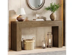 Mesa de console de 150 cm para sala de estar, mesa para entrada em estilo casa de campo com pernas em listras verticais