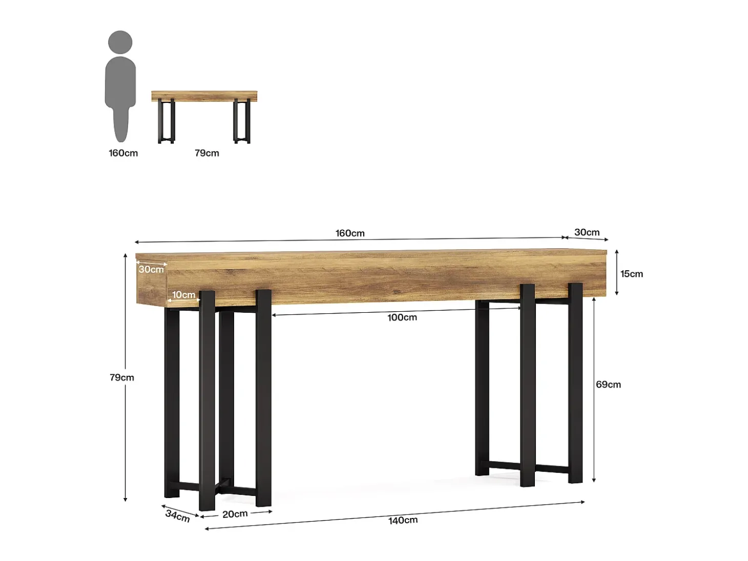 Mesa de Console de 160cm para Entrada, Mesa Industrial Atrás do Sofá