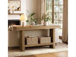 Mesa de console de madeira sólida de 160 cm, mesa estreita de entrada de fazenda de dois níveis para corredor, entrada