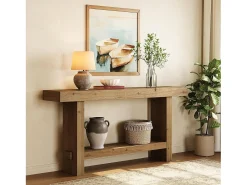 Mesa de console de madeira sólida de 160 cm, mesa estreita de entrada de fazenda de dois níveis para corredor, entrada