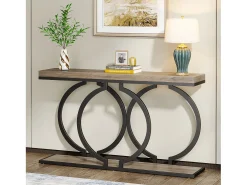 Mesa de console dourada de 140 cm, Mesa de entrada moderna com pés em metal dourado em formato de O, 140 x 30 x 80 cm, Cinza