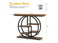 Mesa de console industrial com seis níveis e base circular - Mesa auxiliar estreita de madeira com prateleiras de armazenamento para o sala de estar