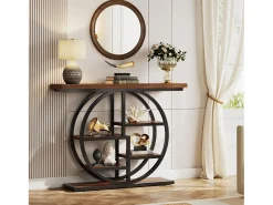 Mesa de console industrial com seis níveis e base circular - Mesa auxiliar estreita de madeira com prateleiras de armazenamento para o sala de estar