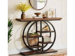 Mesa de console industrial com seis níveis e base circular - Mesa auxiliar estreita de madeira com prateleiras de armazenamento para o sala de estar