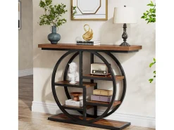 Mesa de console industrial com seis níveis e base circular - Mesa auxiliar estreita de madeira com prateleiras de armazenamento para o sala de estar
