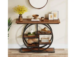 Mesa de console industrial com seis níveis e base circular - Mesa auxiliar estreita de madeira com prateleiras de armazenamento para o sala de estar