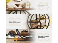 Mesa de console industrial com seis níveis e base circular - Mesa auxiliar estreita de madeira com prateleiras de armazenamento para o sala de estar