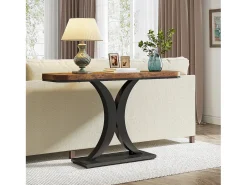 Mesa de Console Industrial, Mesa estreita de Entrada de Hall de 100 cm com Base geométrica, Mesa auxiliar de Corredor Rústica para Sala, entrada