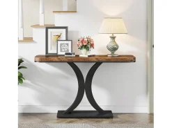 Mesa de Console Industrial, Mesa estreita de Entrada de Hall de 100 cm com Base geométrica, Mesa auxiliar de Corredor Rústica para Sala, entrada