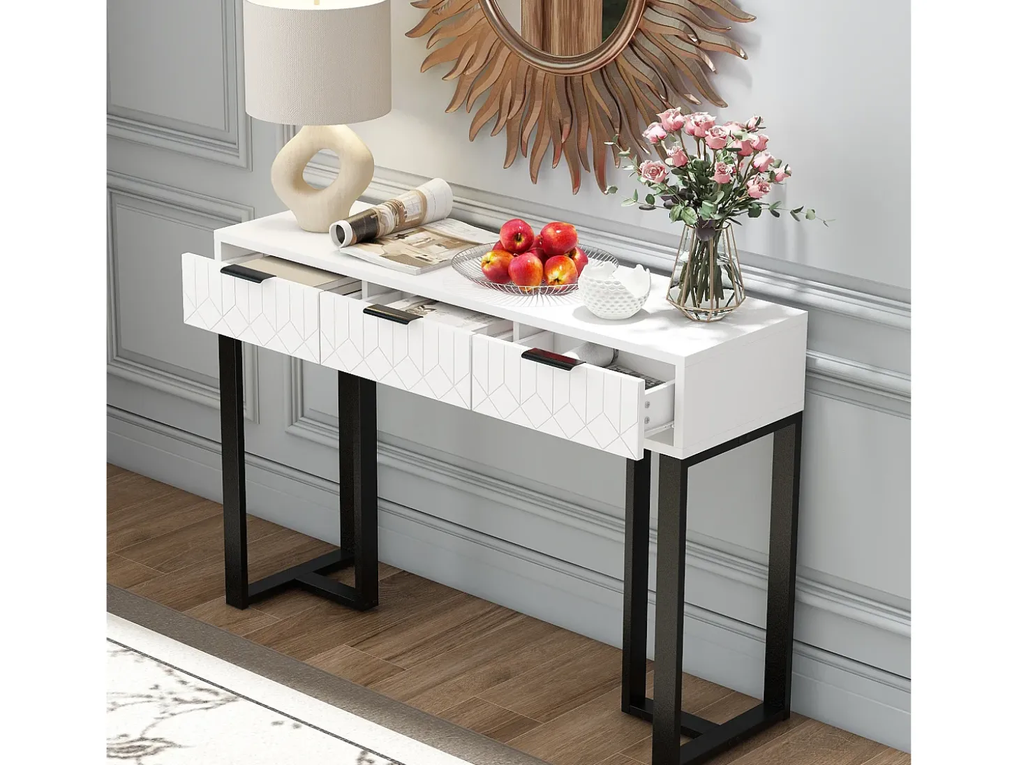Mesa de console moderna com 3 gavetas - 120 x 36 x 80 cm - MDF - para sala, corredor - branco + preto