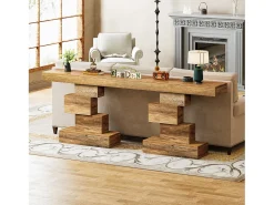 Mesa de console para sala de 108 cm, mesa estreita de madeira para trás do sofá com base geométrica