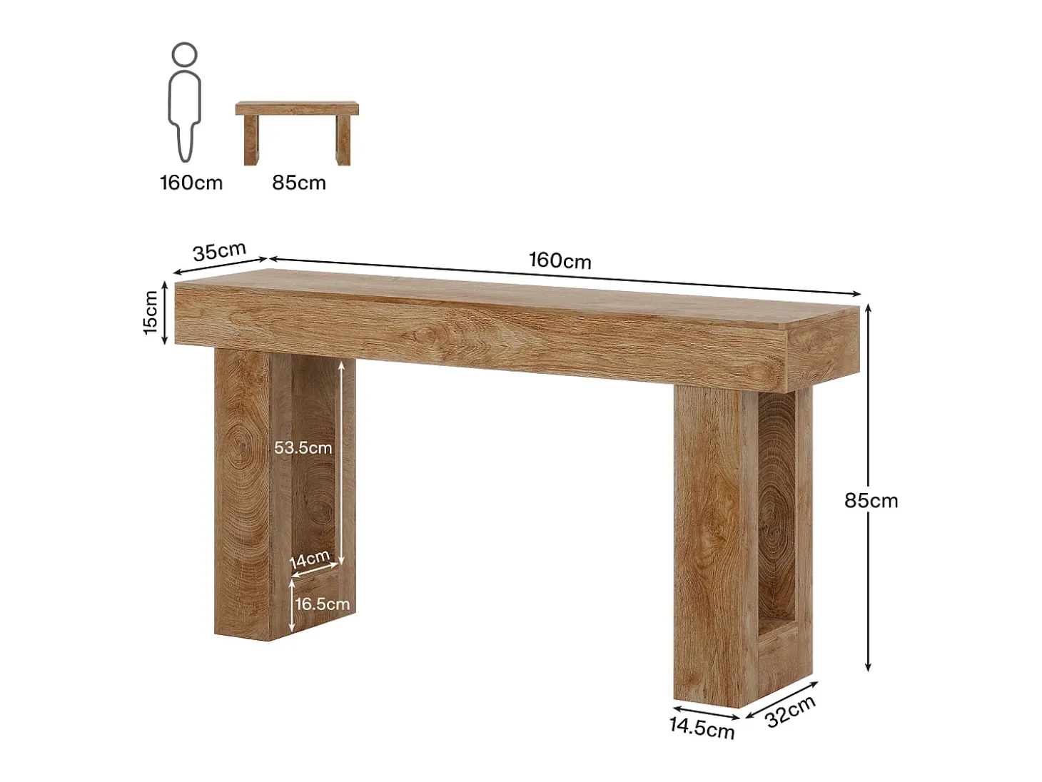 Mesa de console retangular com 160 cm de comprimento, Mesa baixa atrás do sofá para entrada (Natural)