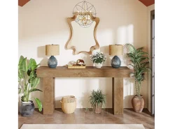 Mesa de console retangular com 160 cm de comprimento, Mesa baixa atrás do sofá para entrada (Natural)