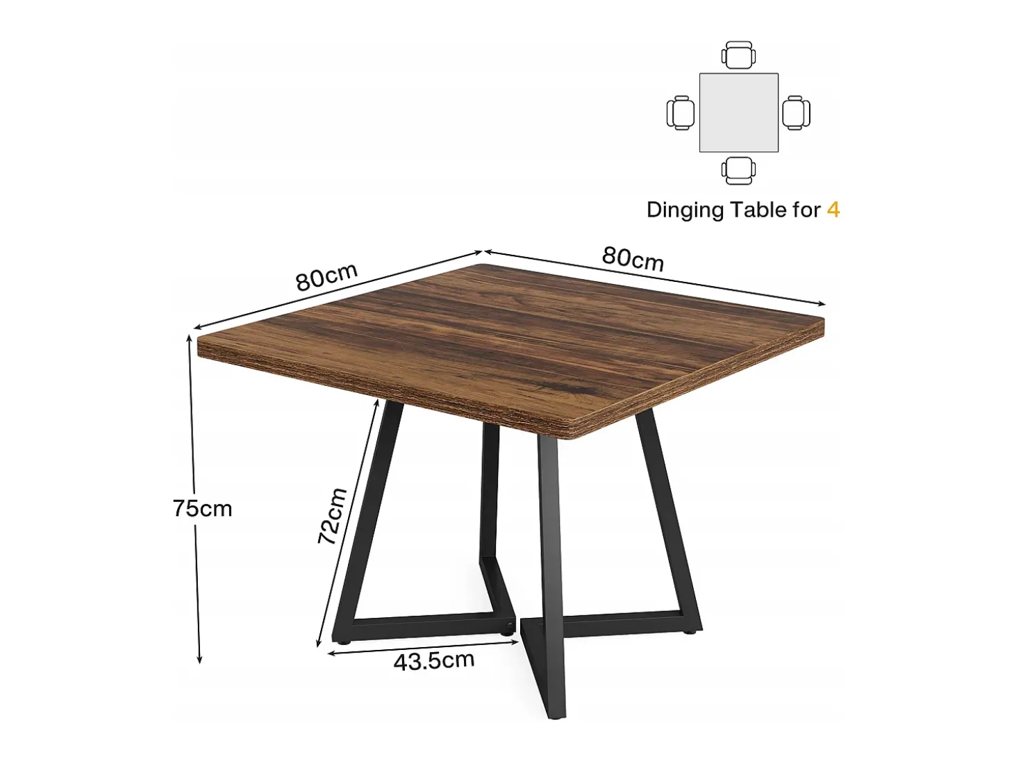 Mesa de Cozinha para 4 Pessoas, Mesa de Sala de Jantar Pequena com Pés Metálicos em Estilo Industrial, 80 x 80 x 75 cm