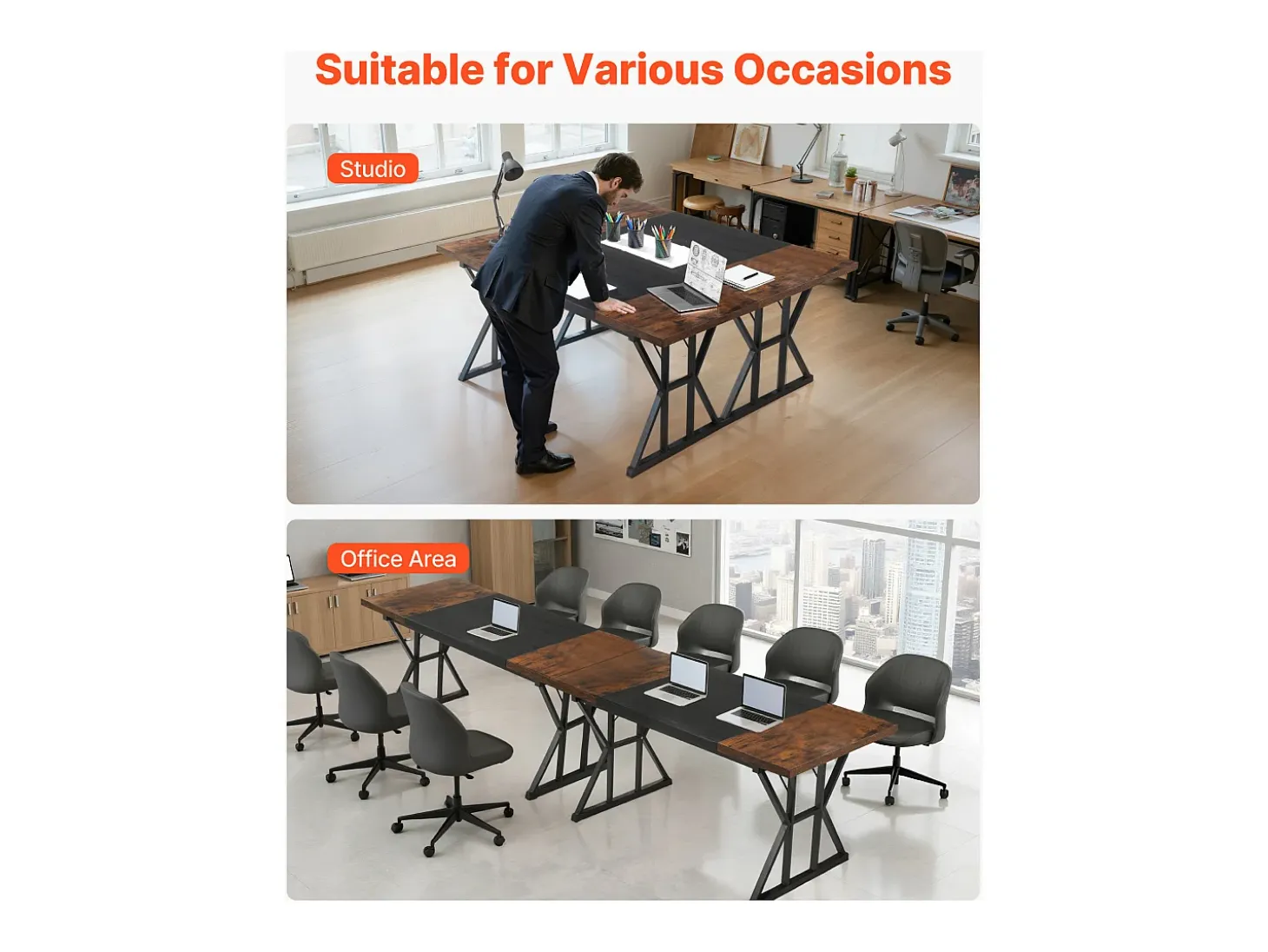 Mesa de Direção SucceBuy 180 x 80 cm, Grande Mesa para Computador Moderna e Simples, Mesa de Estudo em Madeira com Estrutura de Metal, Carga 68 kg, Marrom e Preto