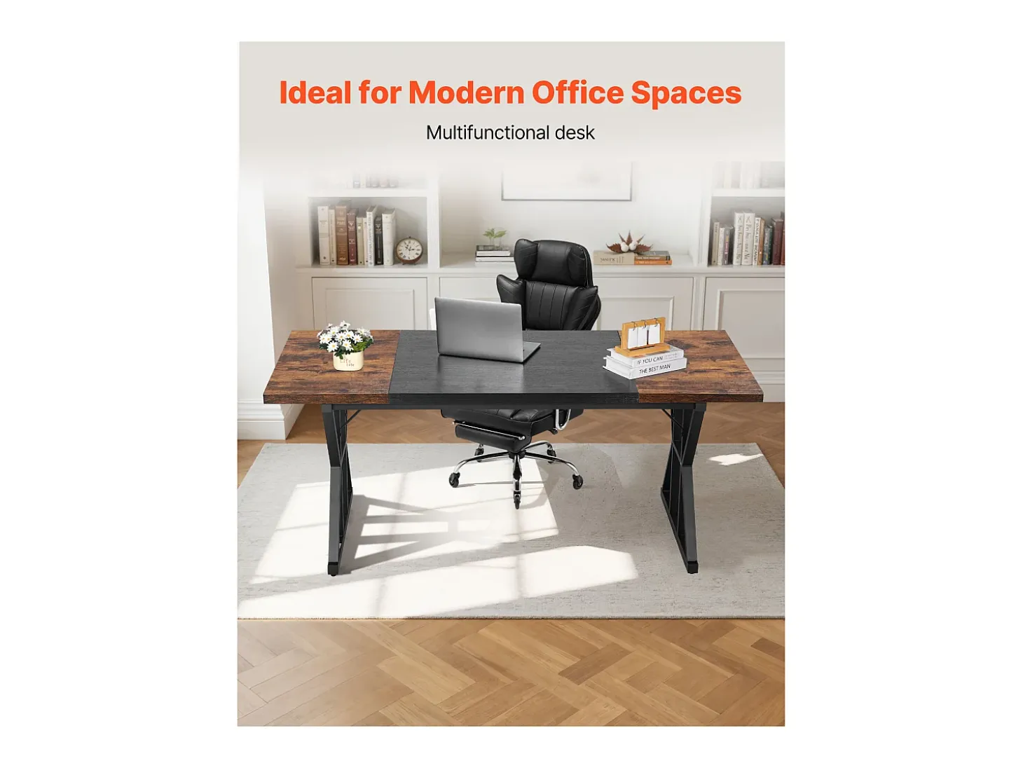 Mesa de Direção SucceBuy 180 x 80 cm, Grande Mesa para Computador Moderna e Simples, Mesa de Estudo em Madeira com Estrutura de Metal, Carga 68 kg, Marrom e Preto