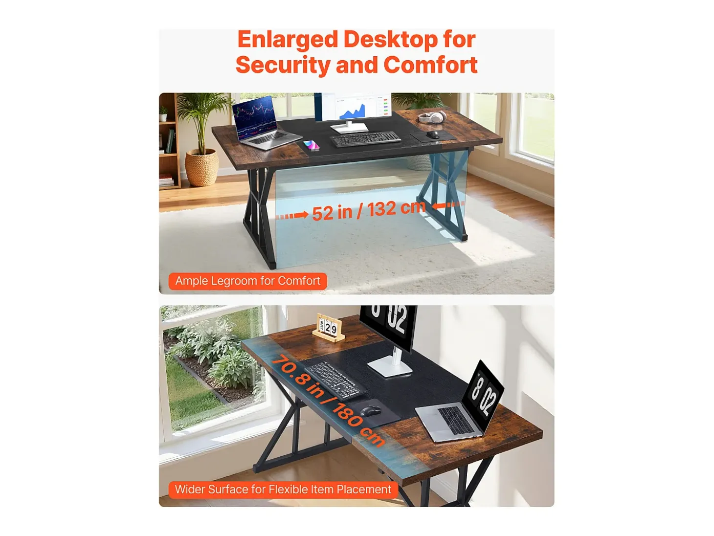 Mesa de Direção SucceBuy 180 x 80 cm, Grande Mesa para Computador Moderna e Simples, Mesa de Estudo em Madeira com Estrutura de Metal, Carga 68 kg, Marrom e Preto