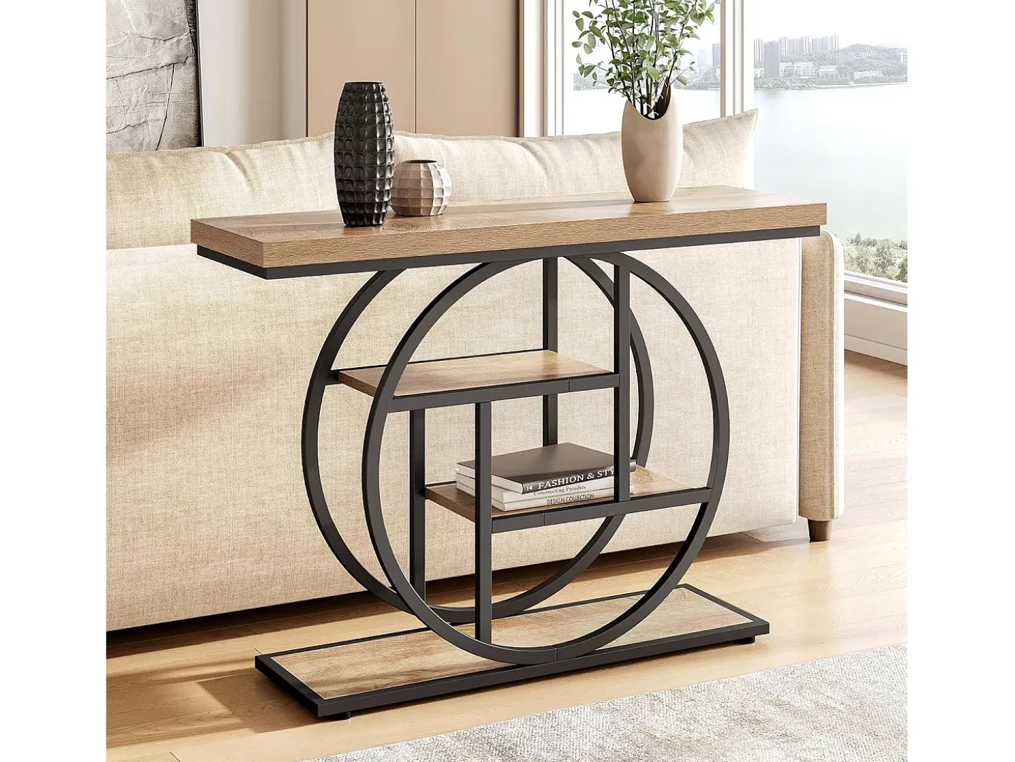 Mesa de entrada de 4 andares atrás do sofá, mesa de sofá em estilo farmhouse de 105 cm para o sala de estar, mesa de entrada para a entrada da casa